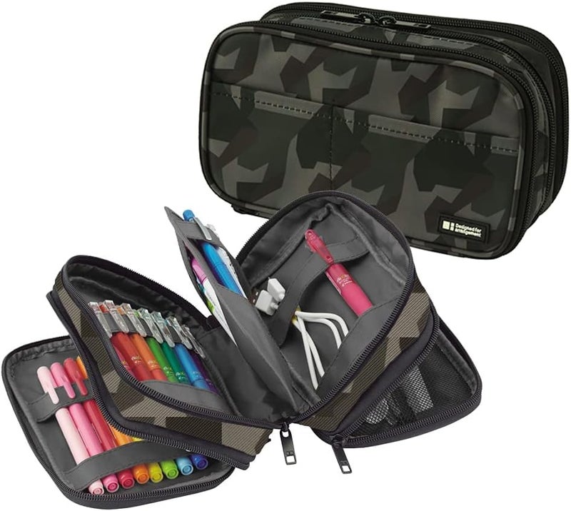 LIHIT LAB Large Capacity Triple Zipper Pencil Case For School Office College, Big Capacity 8 Compartments Pencil Bag Holder Adults Teen Boys Girls, Travel Cosmetics Storage, Green Camo (A7556-131) - Image 2
